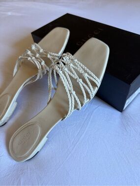 Vintage Gucci Tom Ford Era Braided Cream Leather Slide Sandals – Size 9B